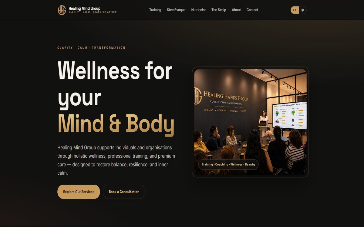 Healing Mind Group homepage — wellness and beauty brand website built by Lucco